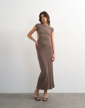 Topshop soft touch double layer cupro cut out maxi in khaki