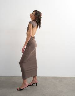 Model wearing Soft touch double layer cupro cut out maxi in khaki