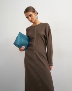 Model wearing Soft touch drop armhole maxi dress in chocolate with ecru contrast topstitching