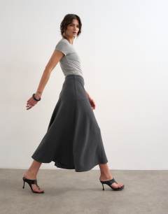 Model wearing Soft touch drop waist maxi skirt in charcoal grey