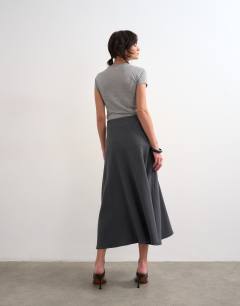 Model wearing Soft touch drop waist maxi skirt in charcoal grey