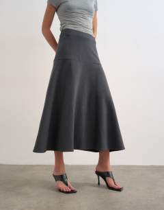 Model wearing Soft touch drop waist maxi skirt in charcoal grey