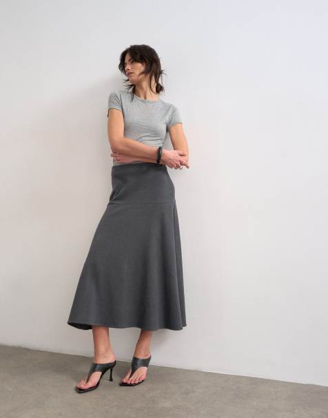 Topshop soft touch dropped waist midi skirt in charcoal gray - view 1