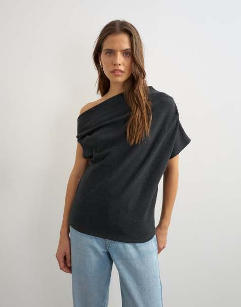 Topshop soft touch fallen shoulder top in charcoal