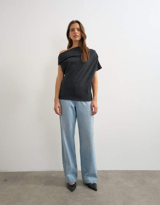 Topshop soft touch fallen shoulder top in charcoal, 2 of 4