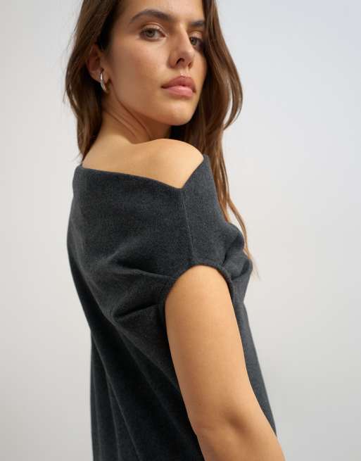 Topshop soft touch fallen shoulder top in charcoal, 3 of 4