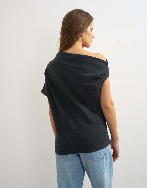Topshop soft touch fallen shoulder top in charcoal, 4 of 4