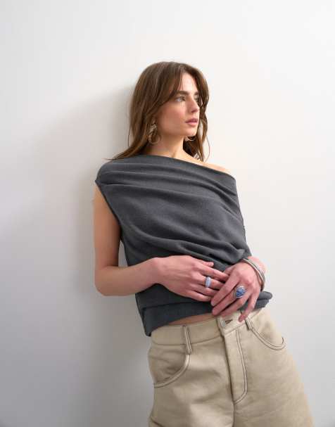 Topshop soft touch fallen shoulder top in gray - view 1