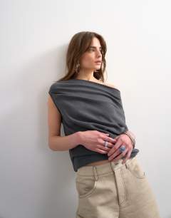 Soft touch fallen shoulder top in grey
