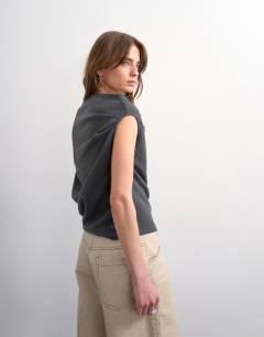 Model wearing Soft touch fallen shoulder top in grey