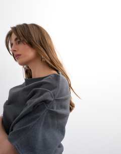 Model wearing Soft touch fallen shoulder top in grey