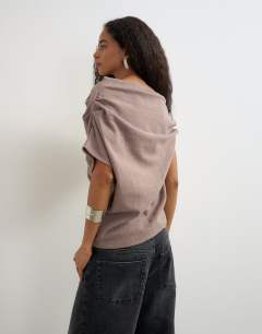 Model wearing Soft touch fallen shoulder top in oat