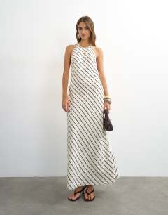 Soft touch halter neck low back maxi dress in woven mono stripe