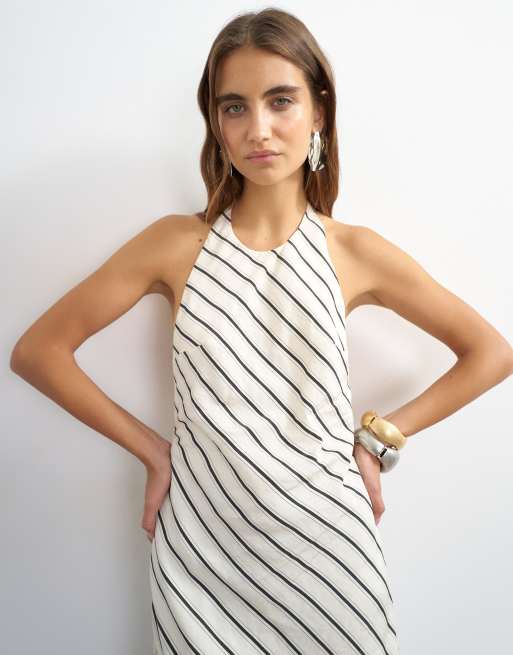 Topshop soft touch halter neck low back maxi dress in woven mono stripe, 3 of 4