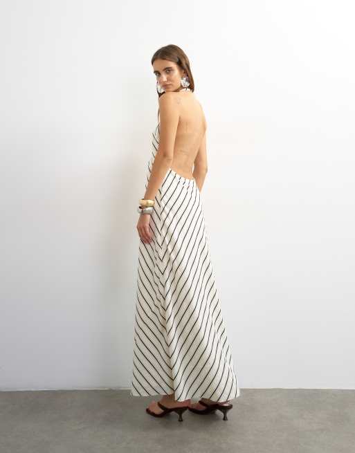 Topshop soft touch halter neck low back maxi dress in woven mono stripe, 4 of 4