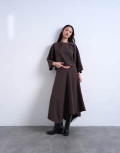 Soft touch hanky hem asymmetric skirt co-ord in chocolate