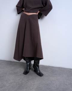 Model wearing Soft touch hanky hem asymmetric skirt co-ord in chocolate