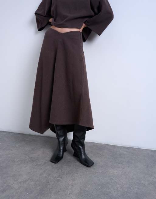 Topshop soft touch hanky hem asymmetric skirt co-ord in chocolate, 2 of 5