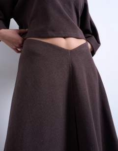 Model wearing Soft touch hanky hem asymmetric skirt co-ord in chocolate
