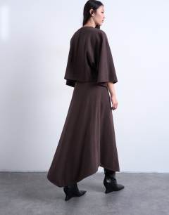 Model wearing Soft touch hanky hem asymmetric skirt co-ord in chocolate