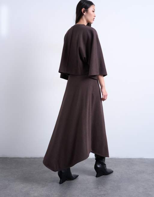 Topshop soft touch hanky hem asymmetric skirt co-ord in chocolate, 5 of 5