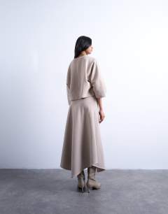 Model wearing Soft touch hanky hem asymmetric skirt co-ord in taupe