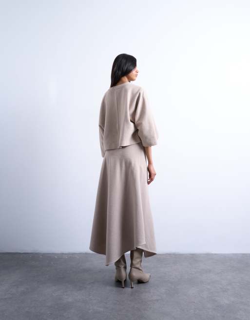 Topshop soft touch hanky hem asymmetric skirt in taupe (Part of a set)