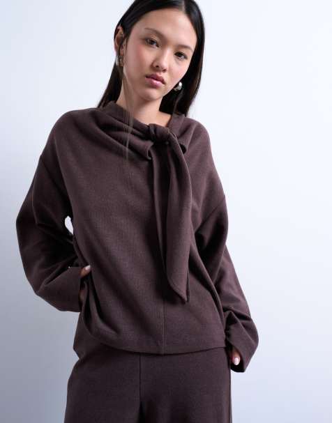 Topshop soft touch neck tie long sleeve tee co-ord in chocolate - view 1