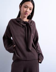 Soft touch neck tie long sleeve tee co-ord in chocolate