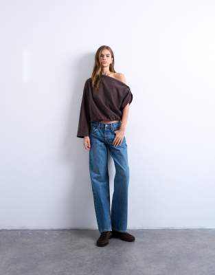 Topshop Soft Touch Off Shoulder Knot Side Long Sleeve Top In Brown