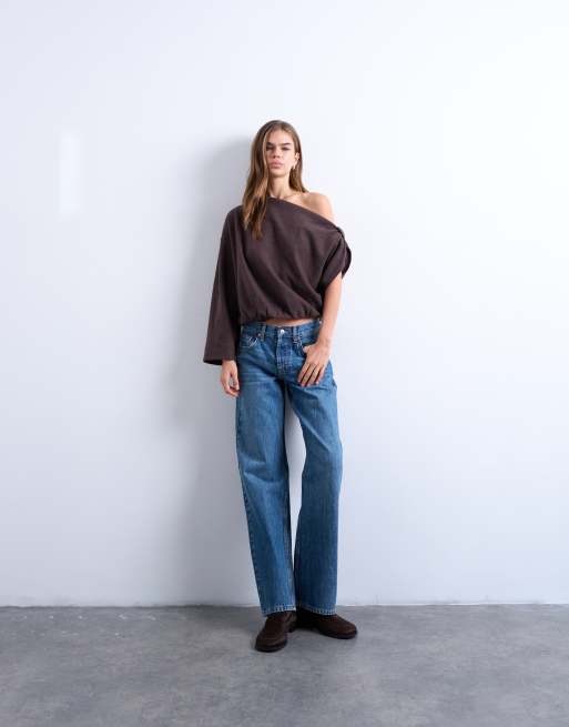 Topshop soft touch off shoulder knot side long sleeve top in chocolate, 2 of 4