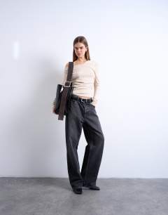 Model wearing Soft touch ruched off shoulder long sleeve top in oat marl