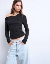 Topshop soft touch ruched off shoulder top in chocolate