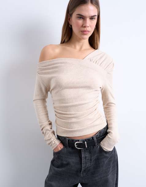 Topshop soft touch ruched off shoulder top in oat heather - view 1