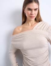 Topshop soft touch ruched off shoulder top in oat marl