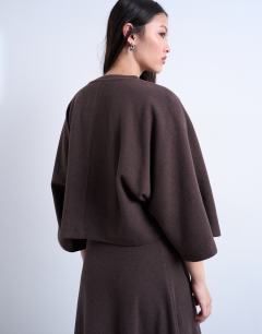 Model wearing Soft touch super wide crop sleeve tee co-ord in chocolate