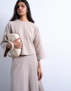 Soft touch super wide crop sleeve tee co-ord in taupe