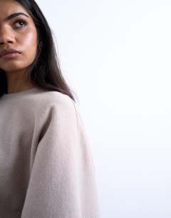 Model wearing Soft touch super wide crop sleeve tee co-ord in taupe