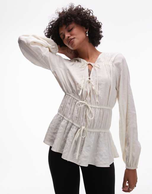 Topshop soft touch tie front tiered top in ivory