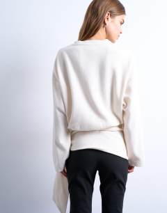 Model wearing Soft touch tie waist long sleeve oversized tee in ecru