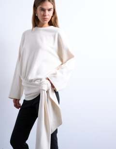 Model wearing Soft touch tie waist long sleeve oversized tee in ecru