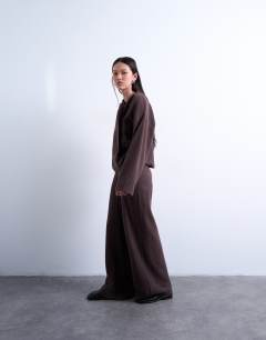Model wearing Soft touch wide leg trouser co-ord in chocolate