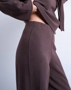 Model wearing Soft touch wide leg trouser co-ord in chocolate