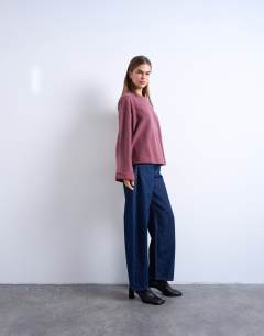 Model wearing Soft touch wide sleeve skater tee in fig