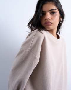 Model wearing Soft touch wide sleeve skater tee in taupe