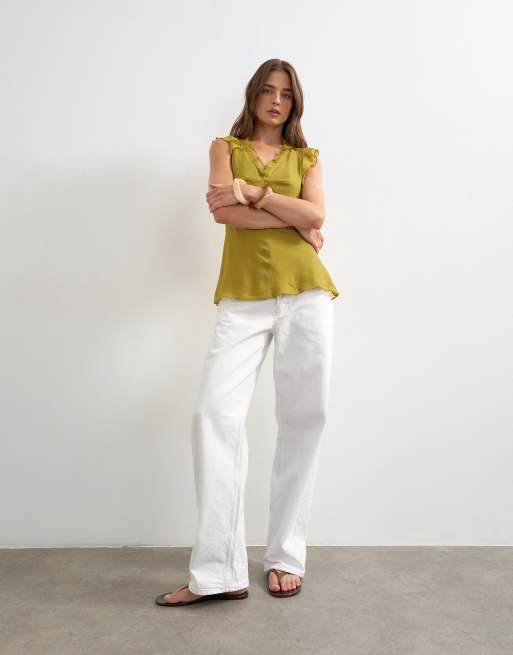 Topshop soft v neck ruffle sleeve tea blouse in green, 3 of 4