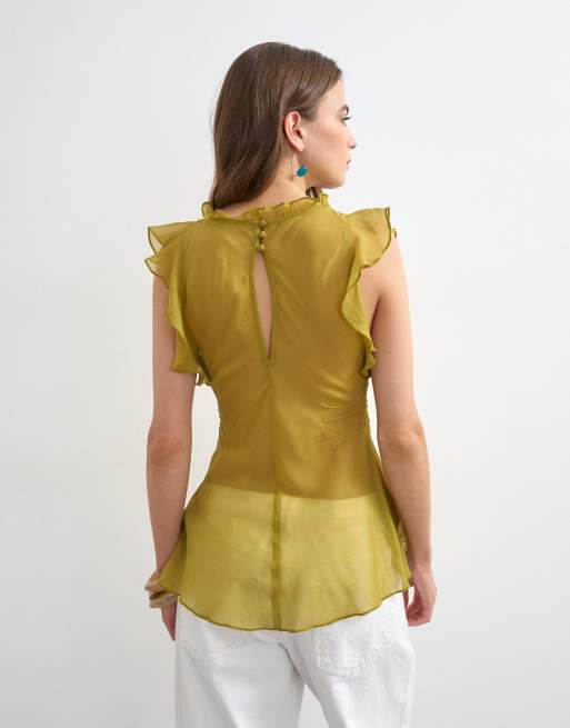 Topshop soft v neck ruffle sleeve tea blouse in green, 4 of 4