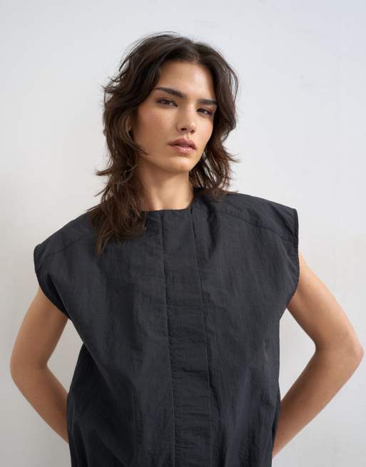 Topshop soft zip through structured shoulder top in black , 2 of 4