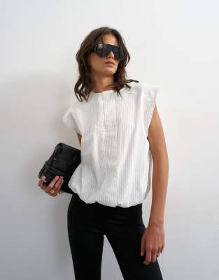Topshop soft zip through structured shoulder top in white stripe