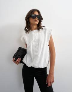 Soft zip through structured shoulder top in white stripe